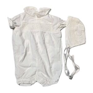 Kitestrings By Hartstrings Baby Romper 0-3 Months White With Bonnet Smocked